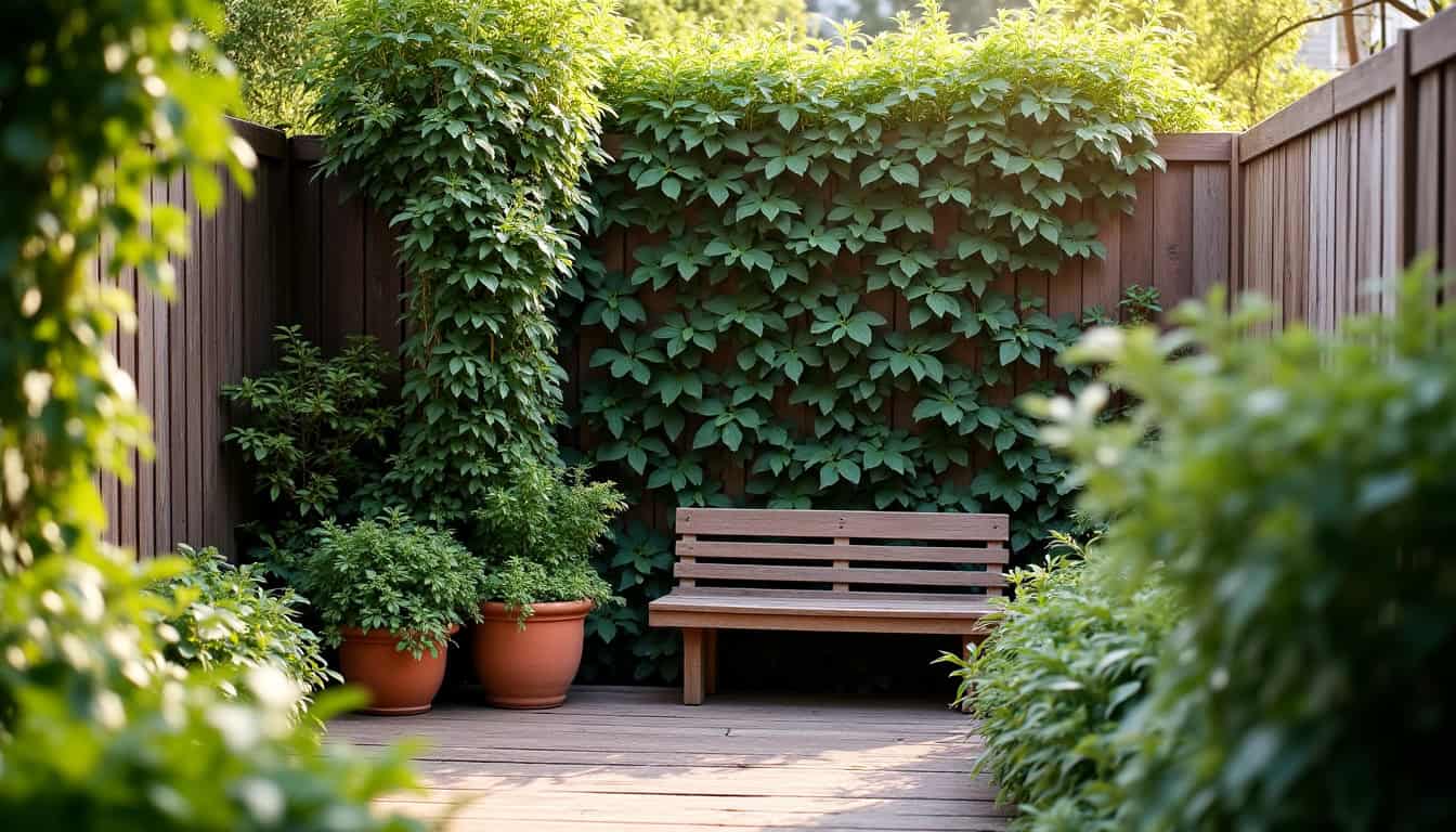 Combinaison de plantes compactes, arbustes nains et grimpantes dans un petit jardin