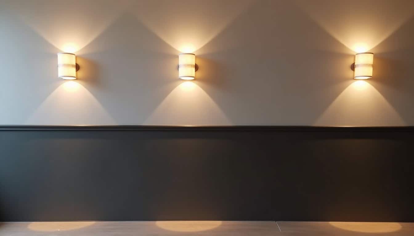 Couloir avec peinture bicolore, bas des murs foncé et haut en blanc, éclairé par des appliques lumineuses