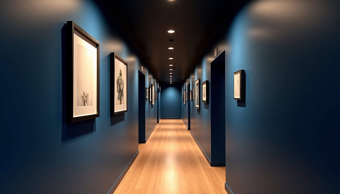 Couloir long et étroit avec murs peints en bleu foncé et une galerie de cadres suspendus