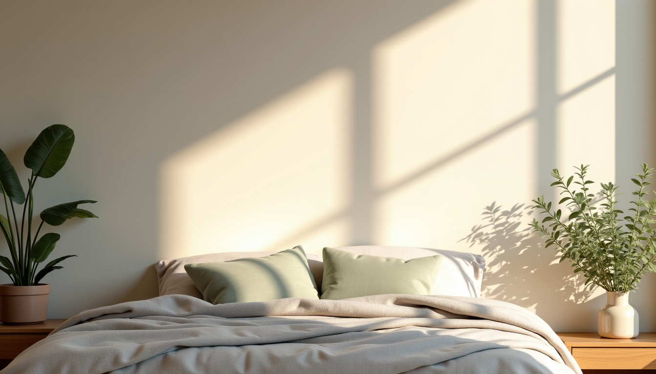 Palette de couleurs naturelles pour une chambre cocooning: beige, taupe, gris clair et touches de vert doux