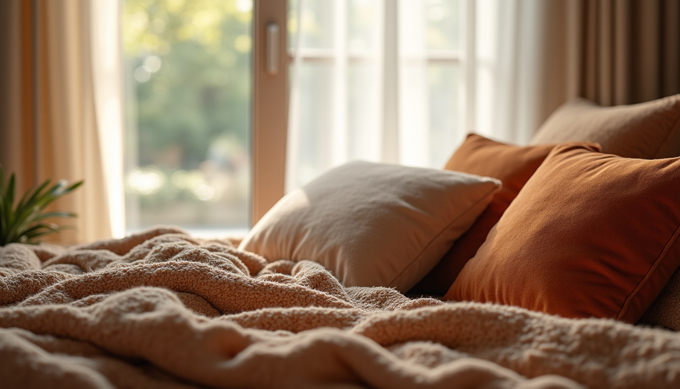 Superposition de plaids en laine et coussins en velours sur un lit pour une chambre cocooning