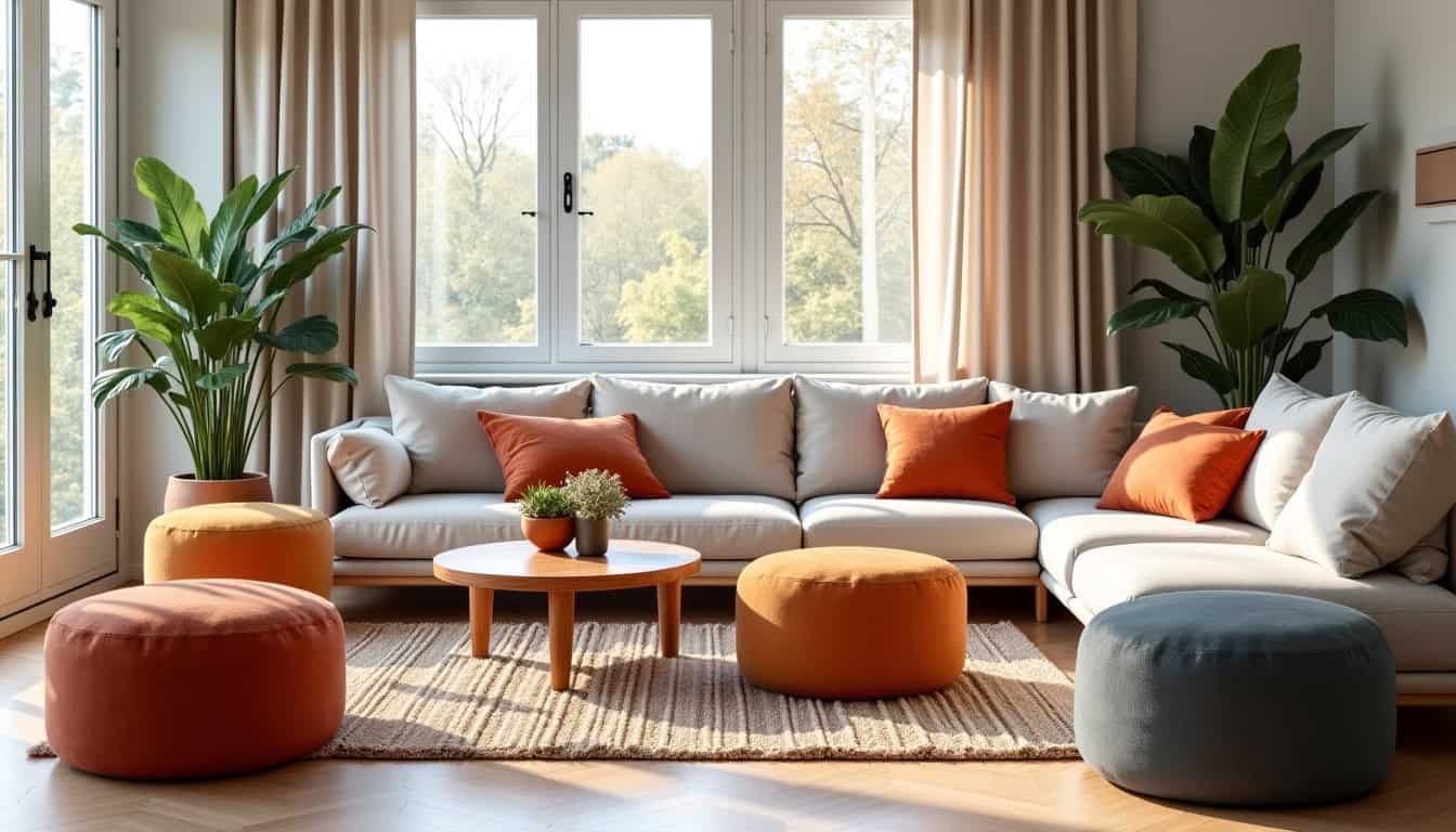 Disposition de poufs dans un salon pour créer un espace modulable et convivial