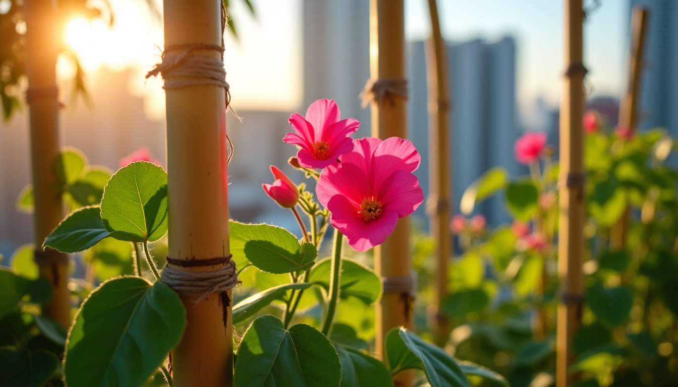 Dipladenia installé en plein soleil sur un balcon, avec un support de tuteurage en bambou