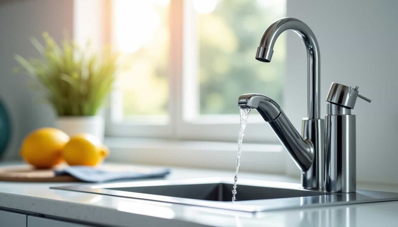 Filtre à eau installé sur un robinet de cuisine