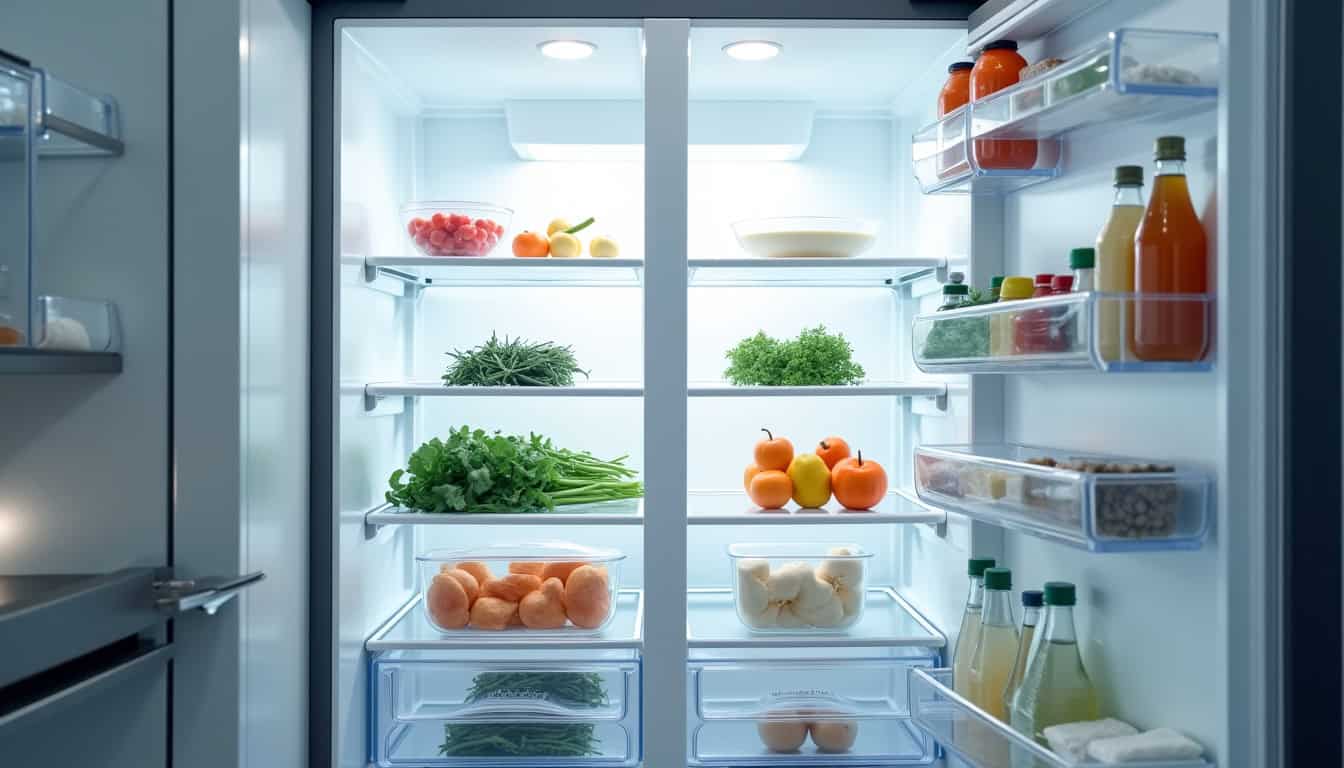 Intérieur d'un frigo Siemens montrant les zones de conservation hyperFresh et le système No Frost