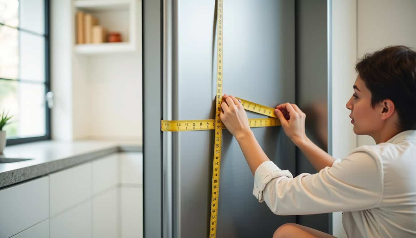 Illustration montrant comment mesurer l'espace disponible pour un frigo Siemens dans une cuisine