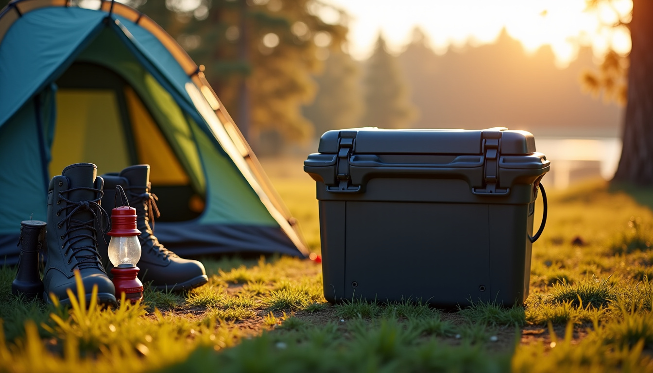 Glacière rigide en plastique noir posée sur un terrain de camping, entourée de matériel de plein air