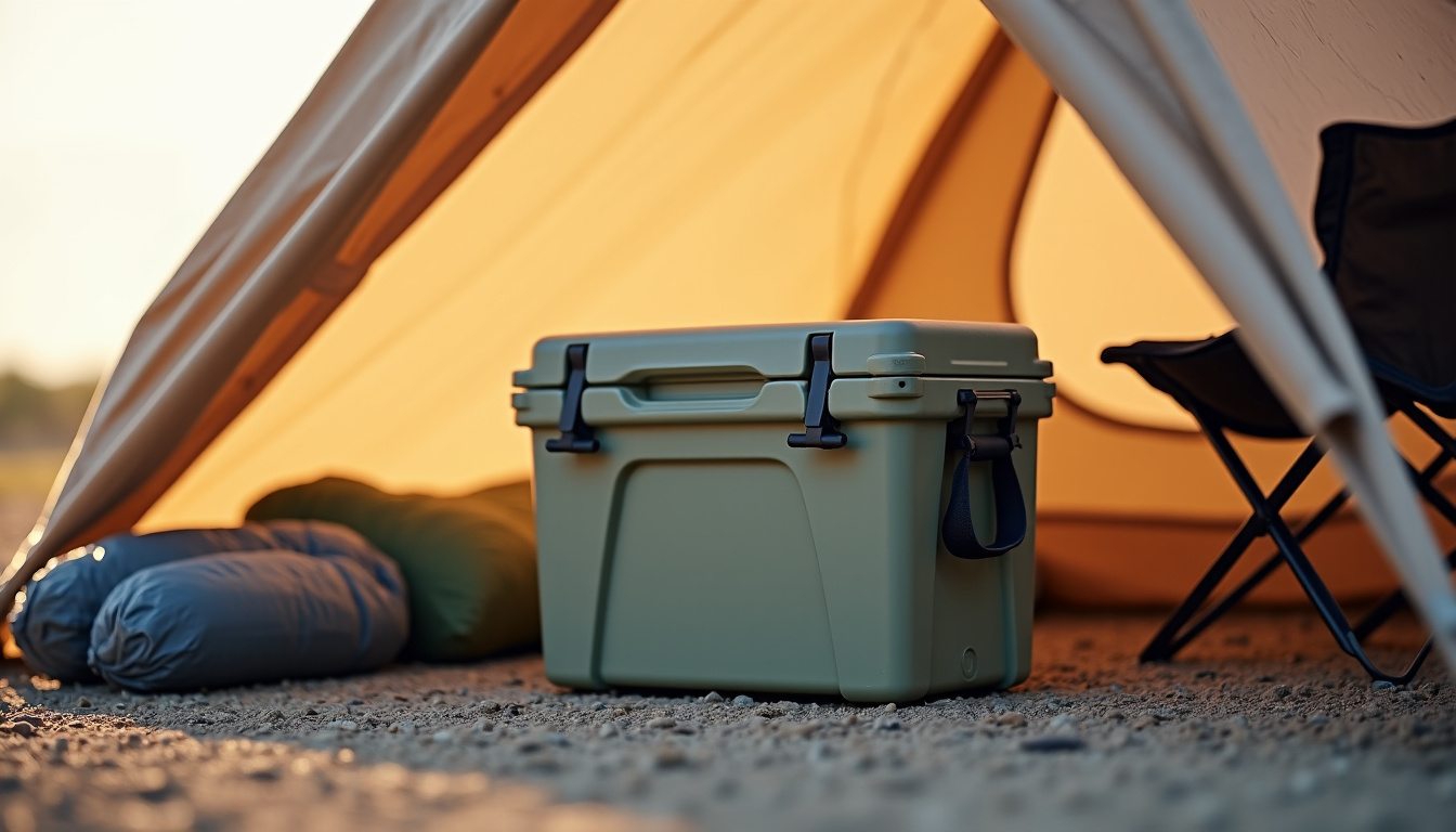 Glacière rigide placée sous un abri de camping, protégée du soleil direct