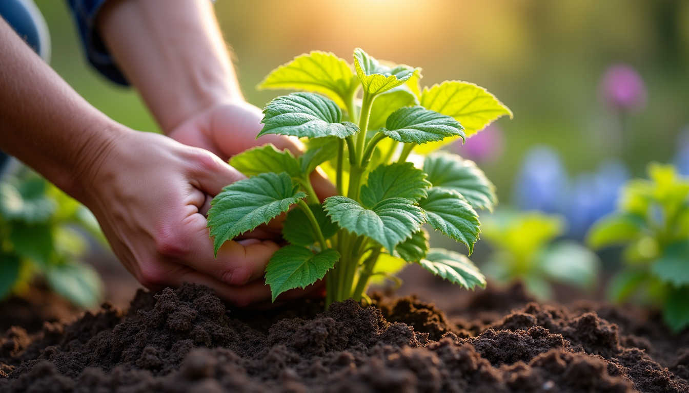 Plantation d'un hortensia grimpant en pleine terre avec ameublissement du sol et mise en place du jeune sujet