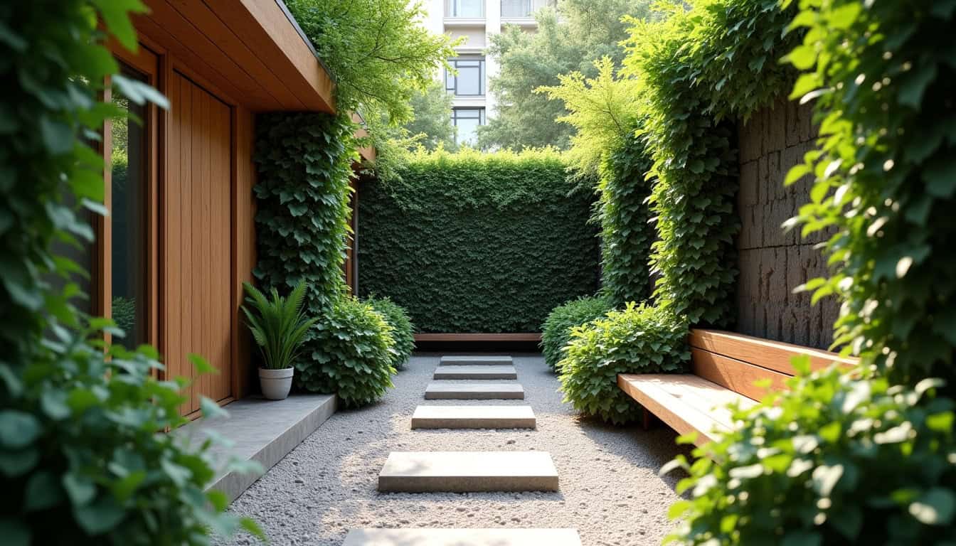 Jardin urbain de petite taille avec agencement intelligent, allée en pas japonais et murs végétaux