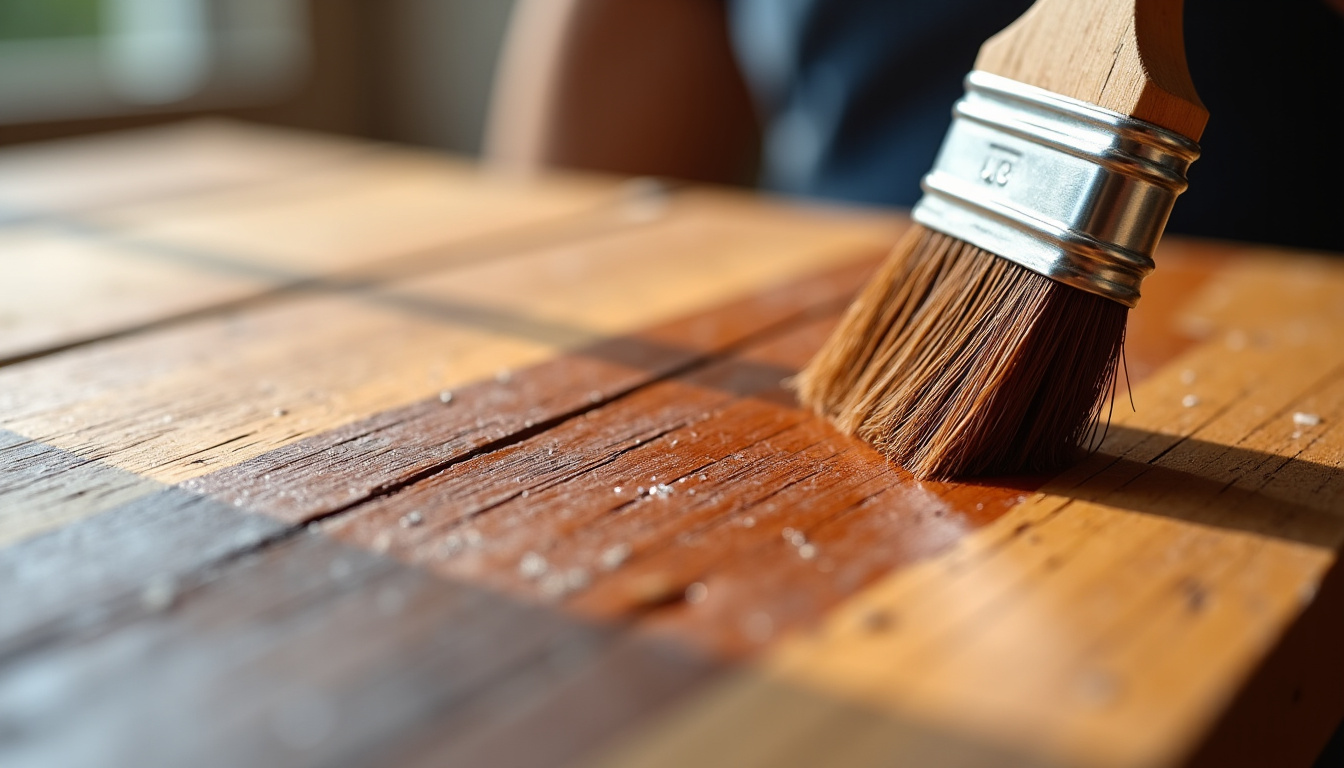 Application de lasure sur bois à l’aide d’un spalter, montrant la technique correcte dans le sens des fibres