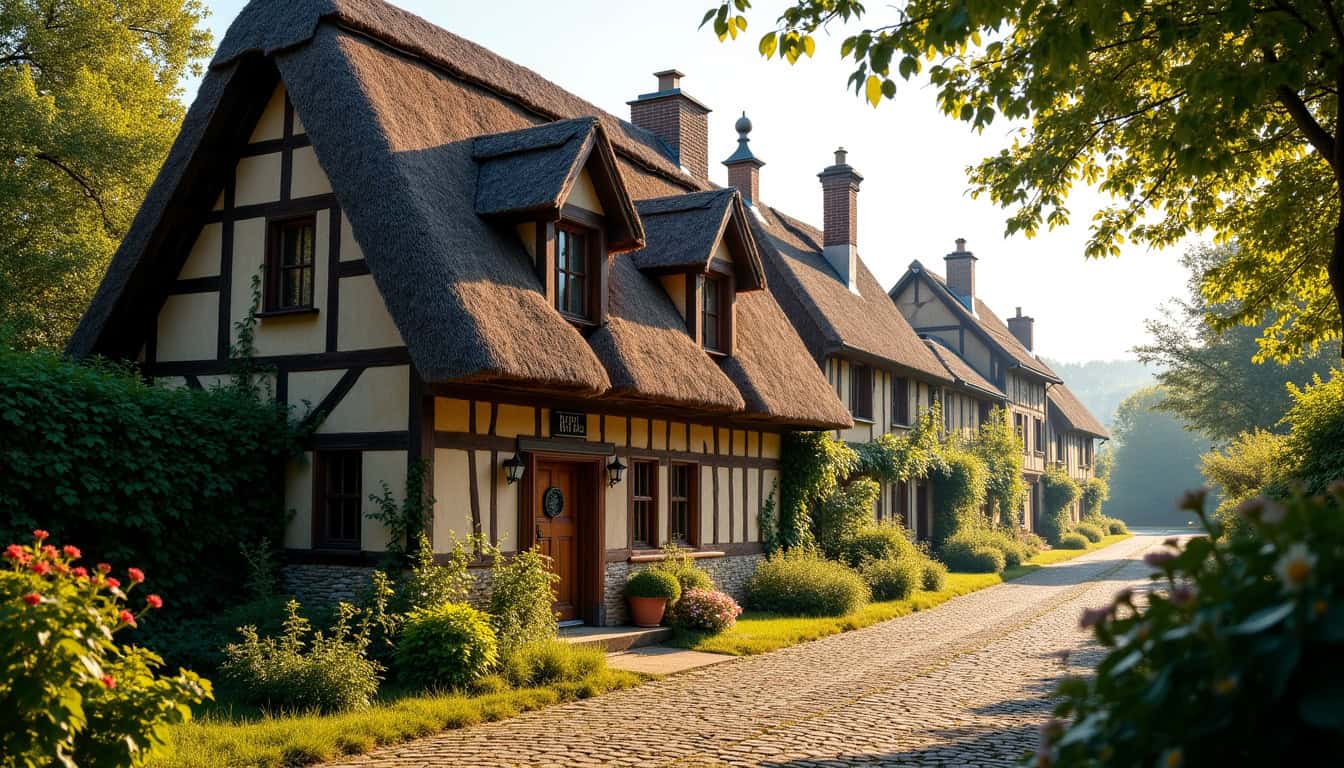 Maison à colombages typique du village du Bec-Hellouin en Normandie, avec ossature en bois apparente et toit de chaume
