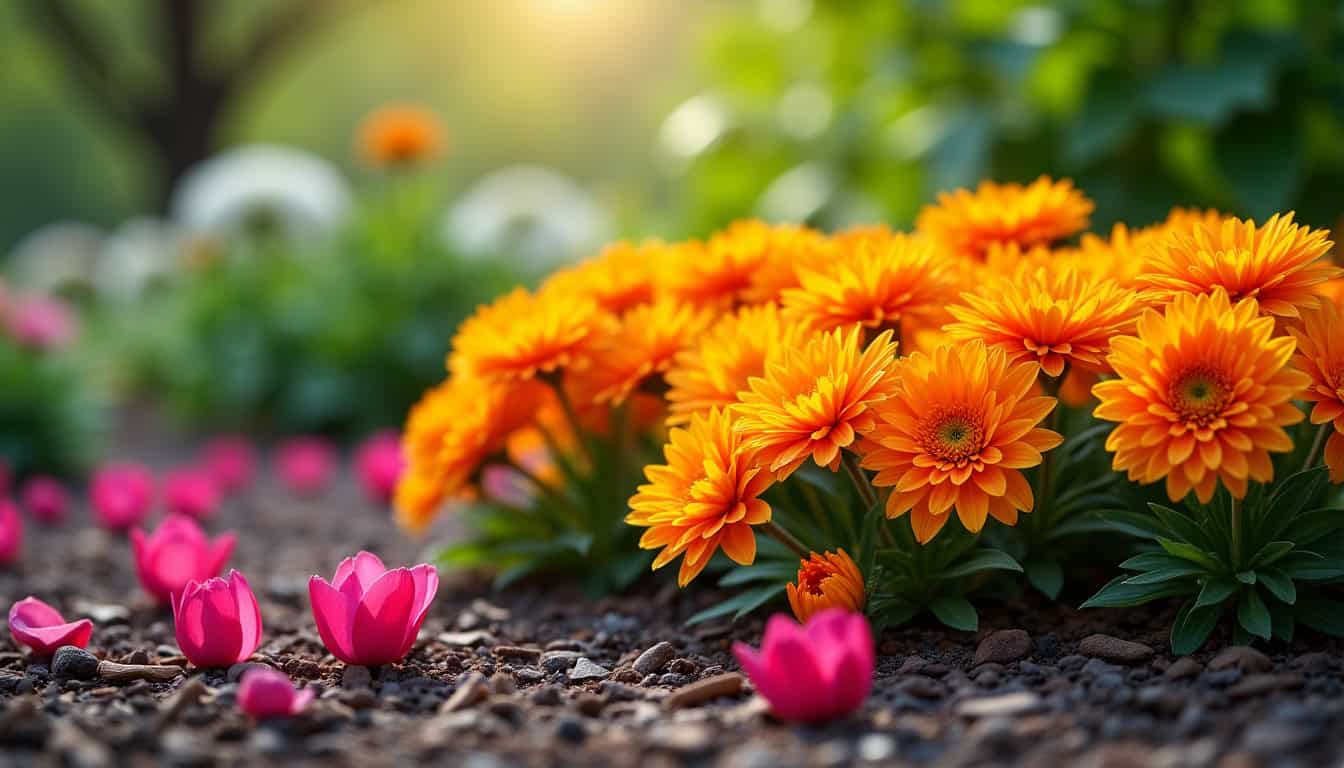 Massif de fleurs entouré de paillage pour empêcher la pousse des mauvaises herbes