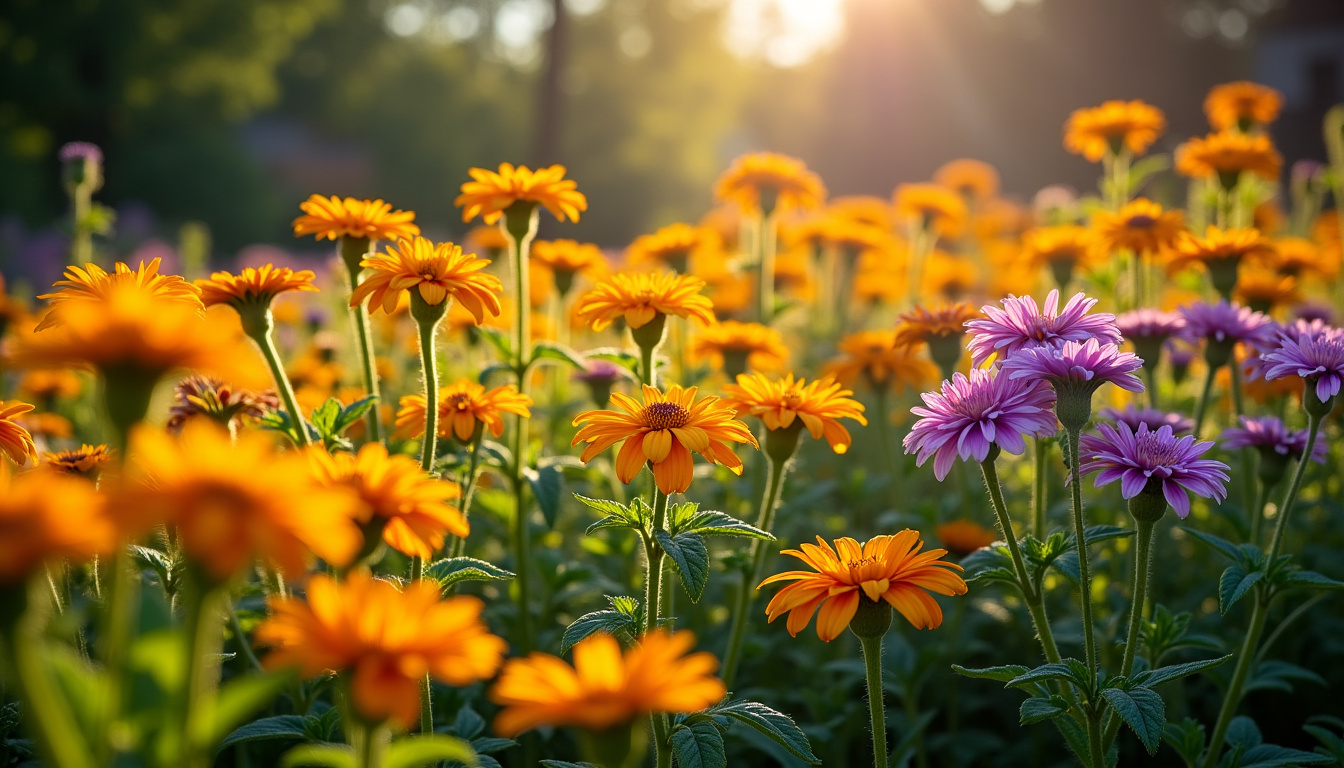 Massif de vivaces en pleine floraison avec gaillardes, echinacées et rudbeckias