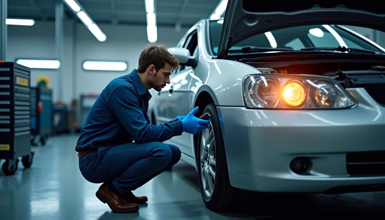Mécanicien en train d’effectuer un diagnostic sur une voiture en garage