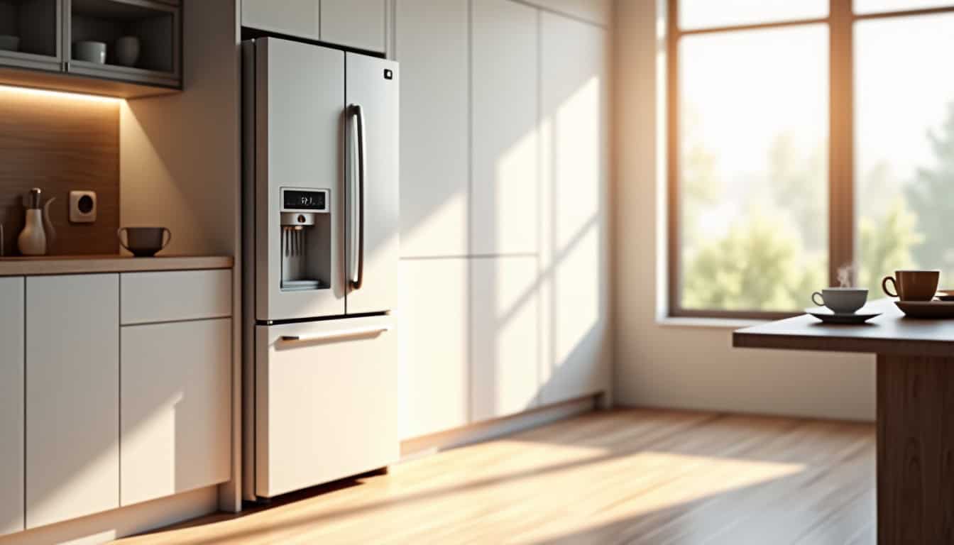 Modèle combiné réfrigérateur congélateur encastrable intégré dans une cuisine moderne