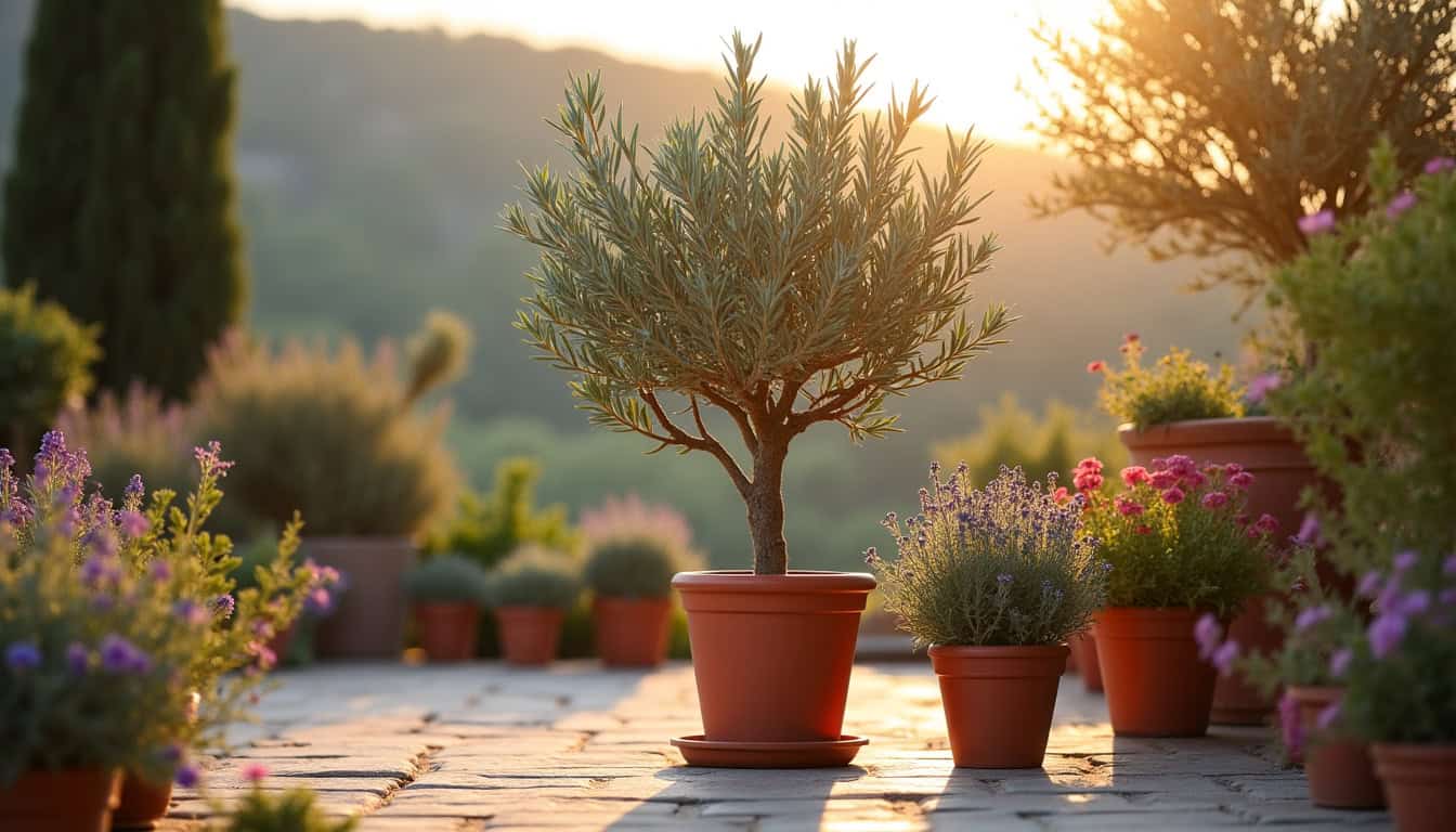 Olivier en pot sur une terrasse associé à d