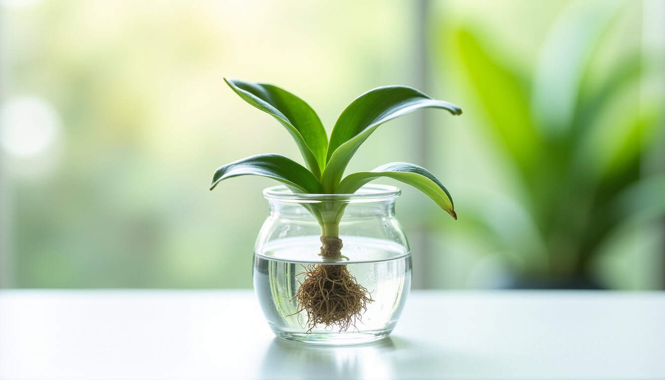 Orchidée en pot transparent montrant l