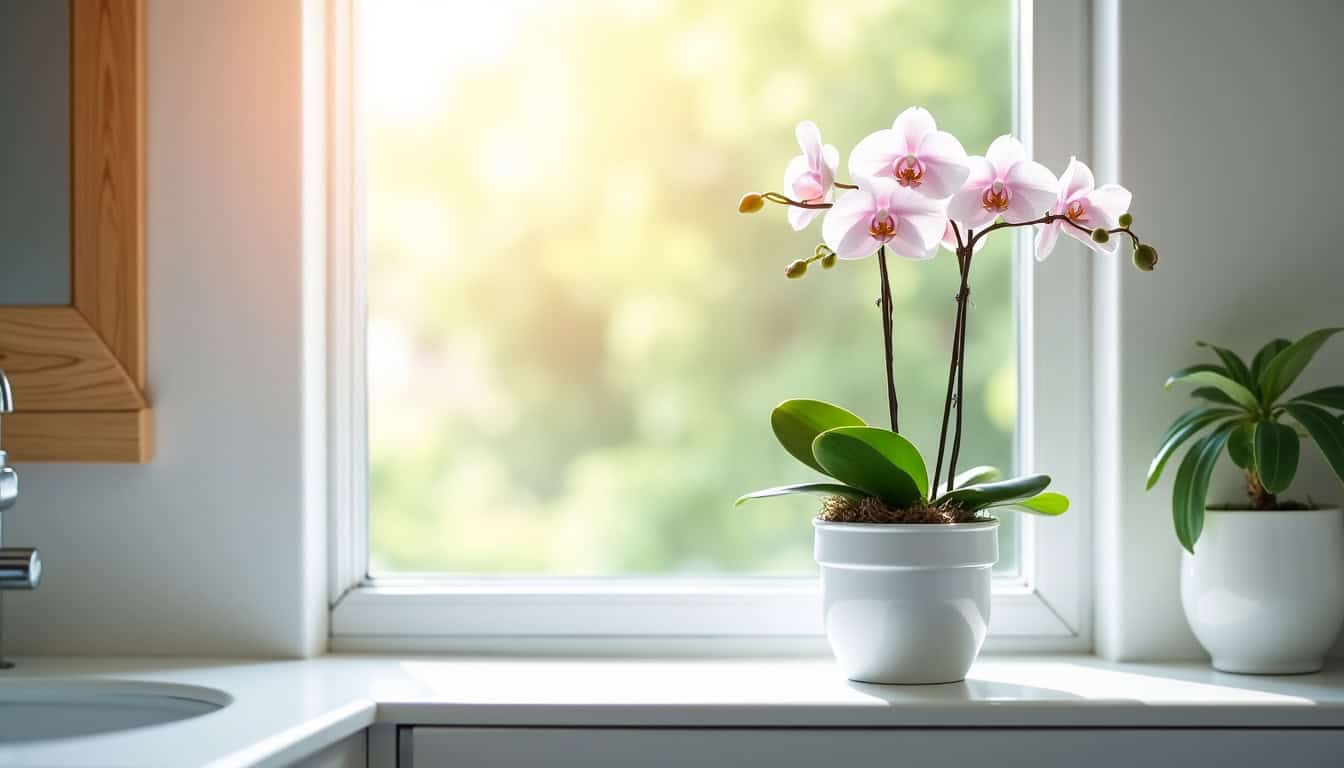 Orchidée placée dans une salle de bain lumineuse pour bénéficier d