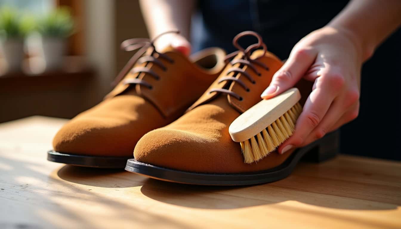 Paire de chaussures en daim marron en cours de préparation avec une brosse souple avant nettoyage
