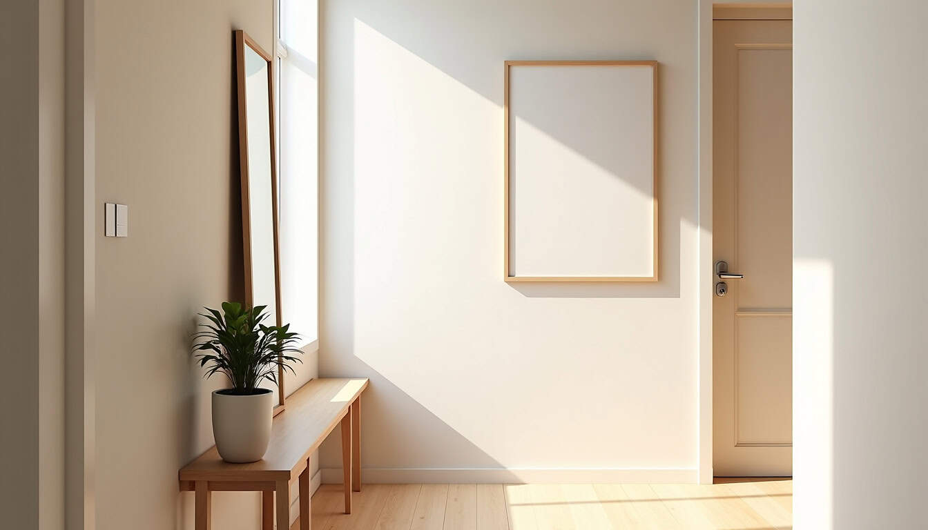 Petit couloir étroit avec miroir en pied, console fine et tableau mural