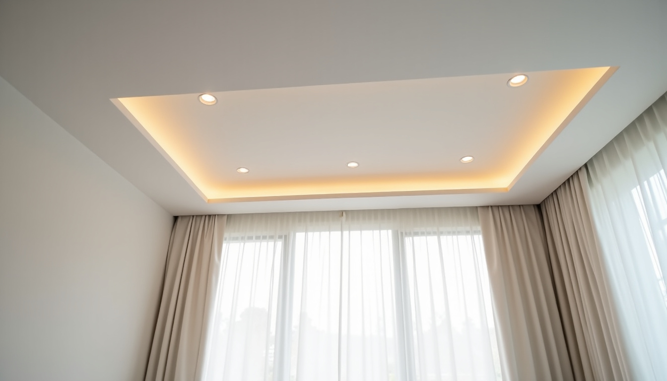 Plafond de chambre peint en gris pâle avec spots encastrés