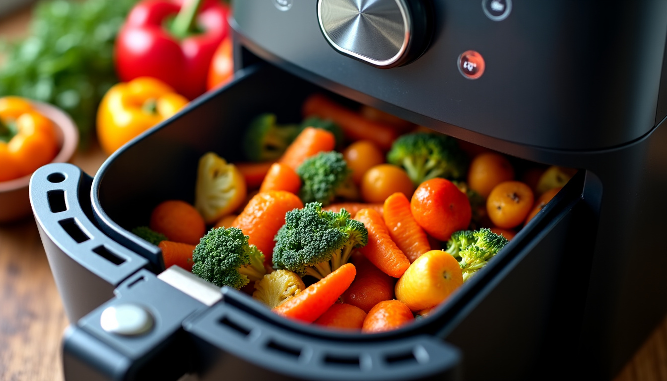 Préparation de légumes grillés dans un Ninja Air Fryer avec panier rempli de brocolis, carottes et poivrons