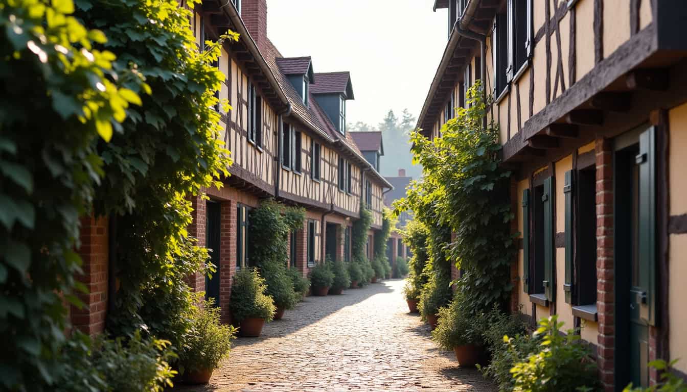 Rue typique de Bernay en Normandie avec plusieurs maisons à pans de bois alignées et hourdages en briques apparentes