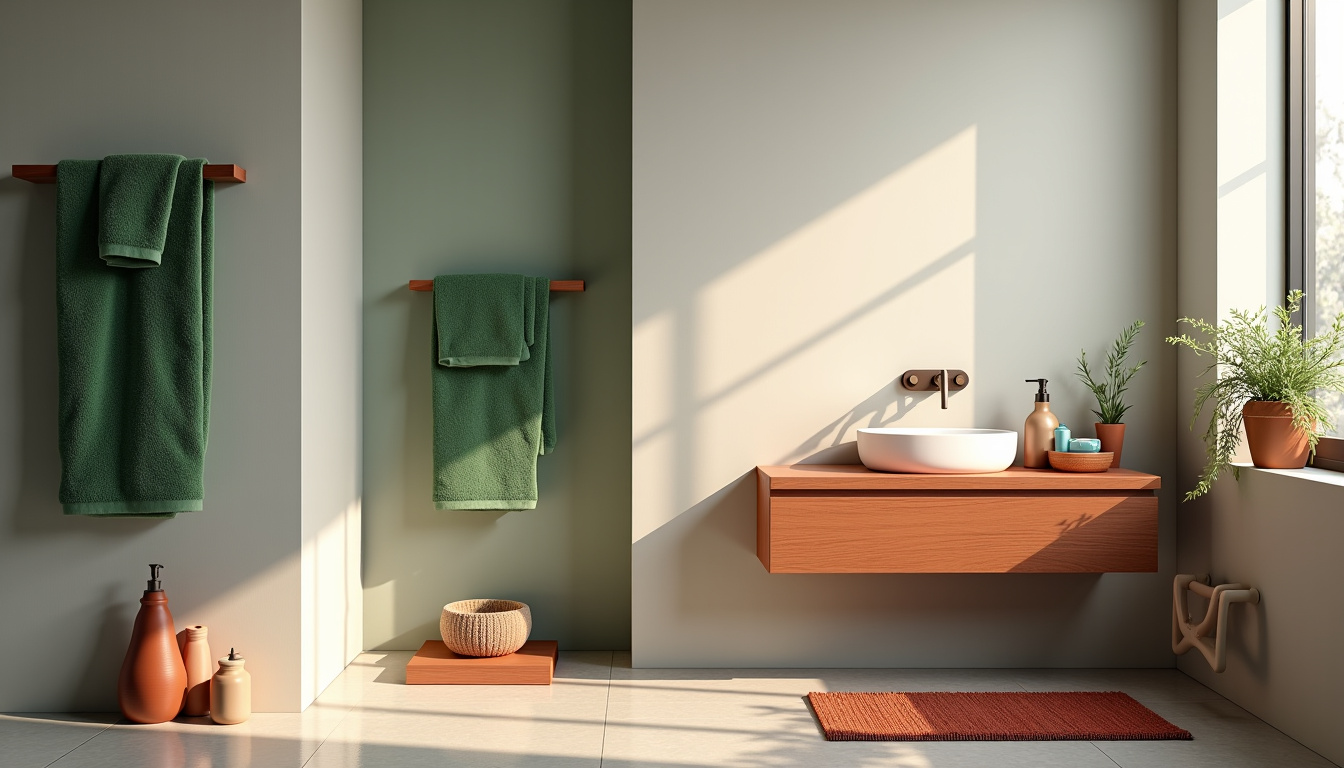 Salle de bain avec murs neutres et accessoires colorés en vert et terracotta