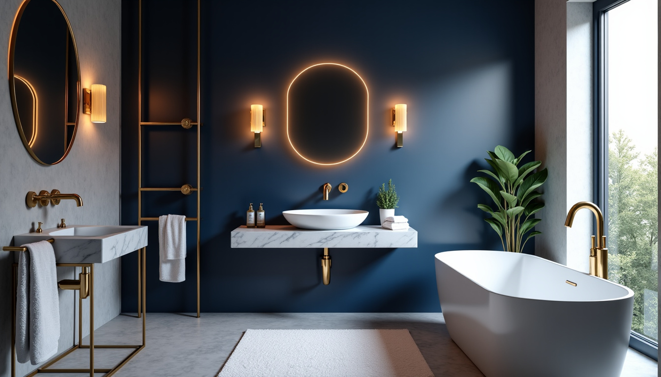 Salle de bain moderne avec murs bleu marine et accessoires dorés