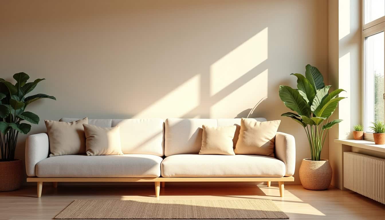 Salon avec murs beiges et ambiance chaleureuse, meubles en bois clair et tissus naturels