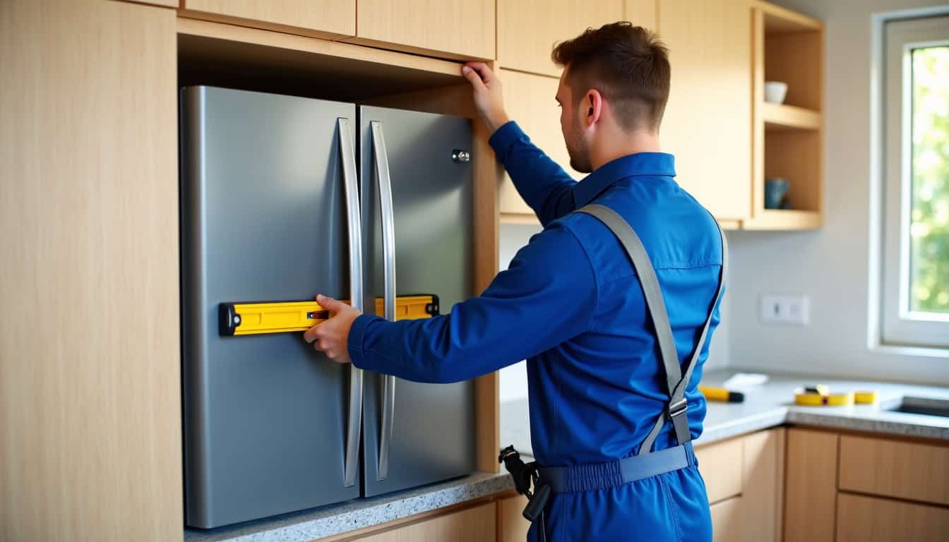 Technicien en train d’installer un frigo encastrable dans une niche de cuisine