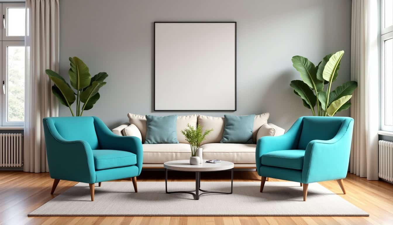 Utilisation de fauteuils colorés dans un salon sobre pour apporter de la personnalité et de la couleur