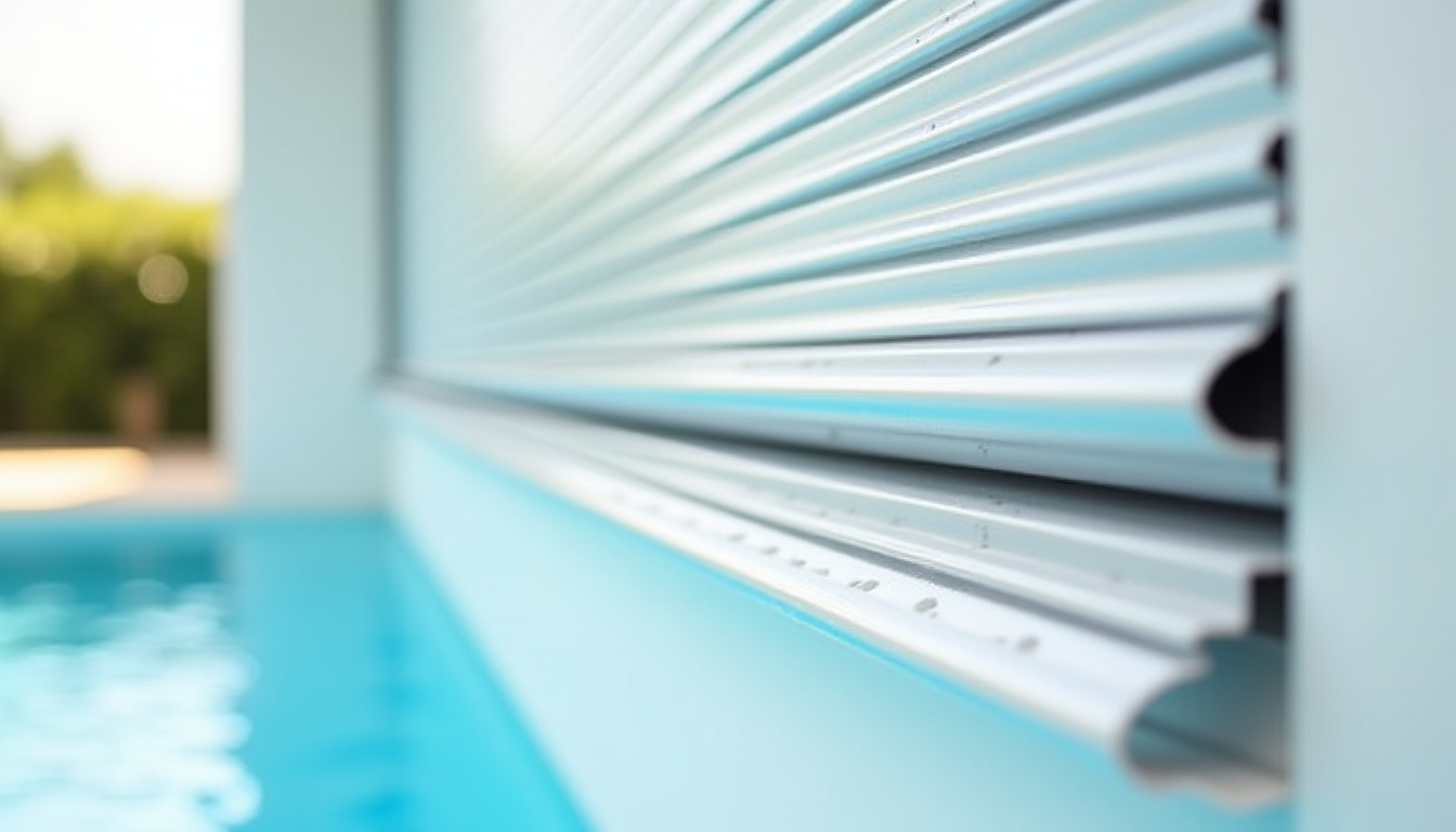 Volet roulant pour piscine en position ouverte, montrant les lames en PVC sortant de leur coffre