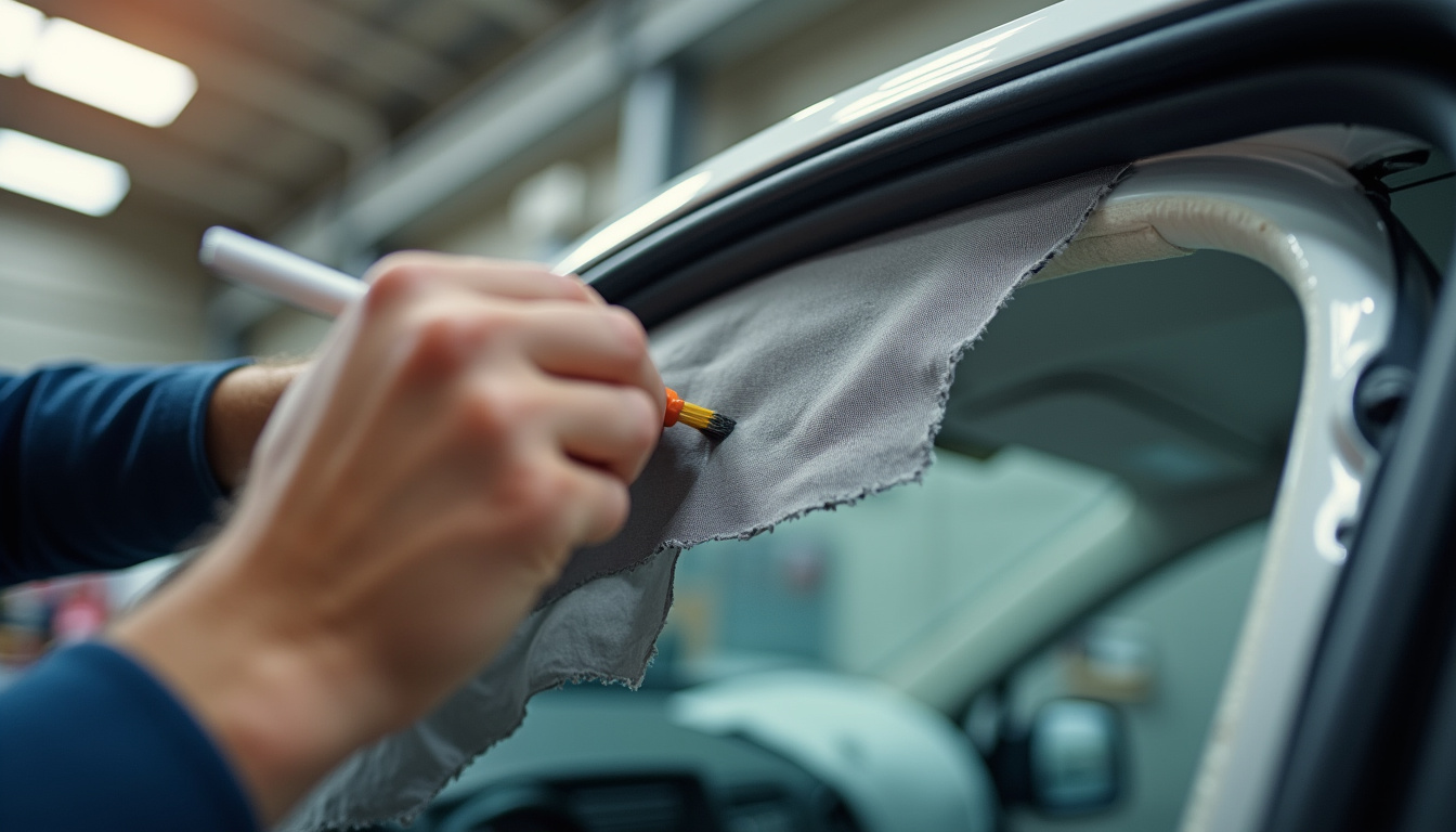 Application de colle néoprène sur un ciel de toit de voiture en cours de réparation