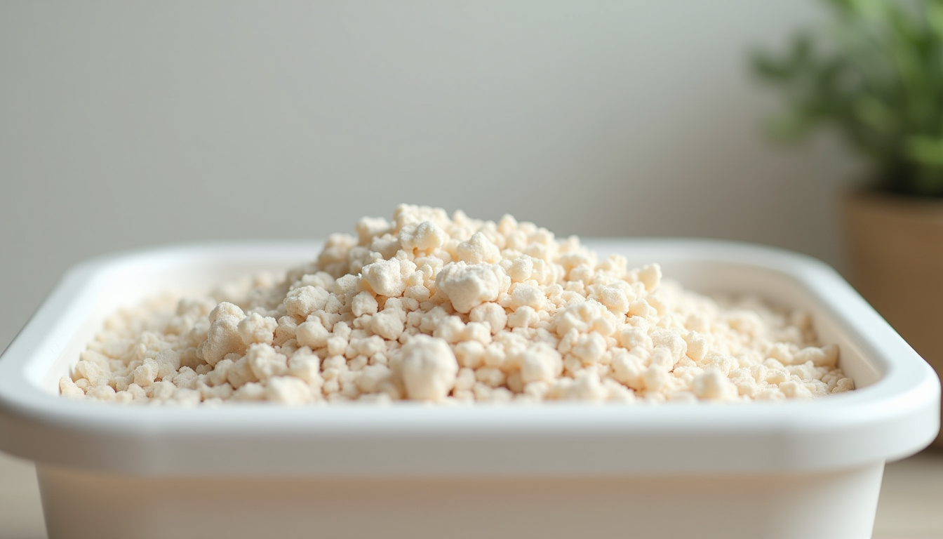 Bac à litière rempli de litière agglomérante avec des grumeaux bien formés