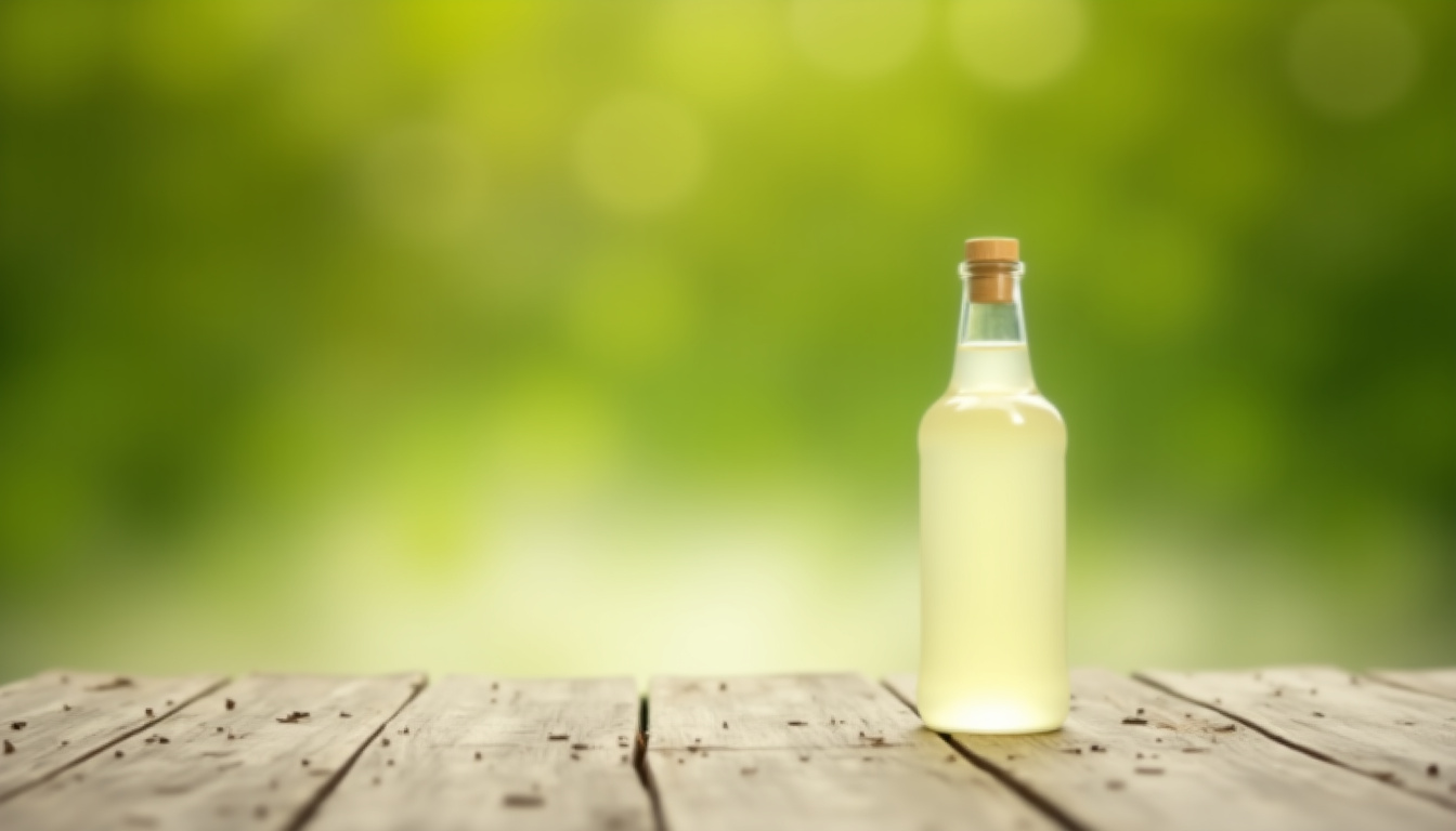 Bouteille de vinaigre blanc posée sur une terrasse en bois, prête à être utilisée pour le désherbage