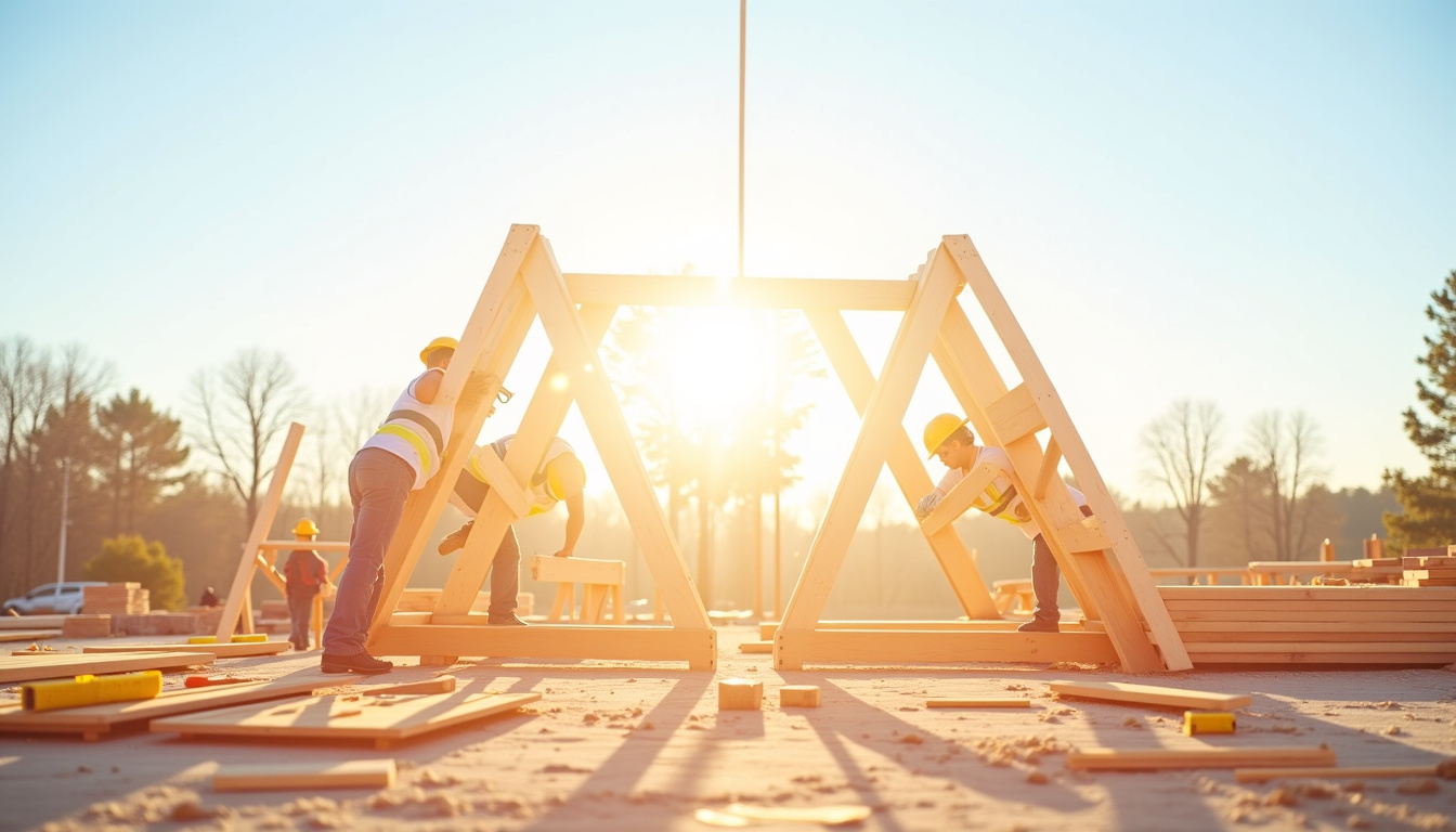 Charpente fermette en bois avec fermettes de type W assemblées sur un chantier de construction