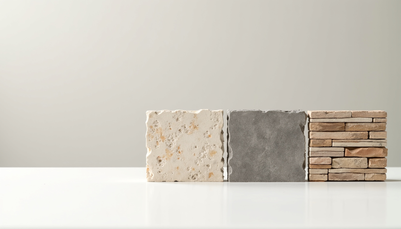 Comparaison de différents revêtements muraux: feuille de pierre, carrelage imitation pierre et parement en pierre naturelle