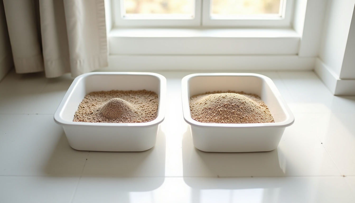 Comparaison visuelle entre un bac de litière agglomérante et un bac de litière non agglomérante