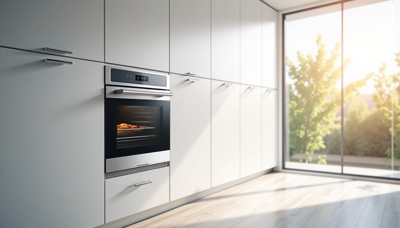 Four à porte escamotable installé dans une cuisine moderne avec un espace libre devant le four