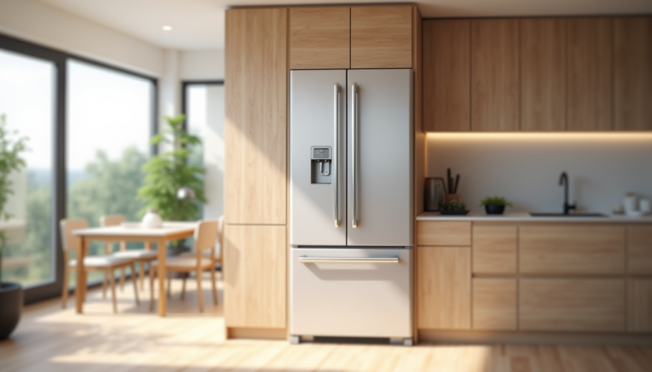 Frigo encastrable intégré dans une cuisine moderne avec façade en bois personnalisée