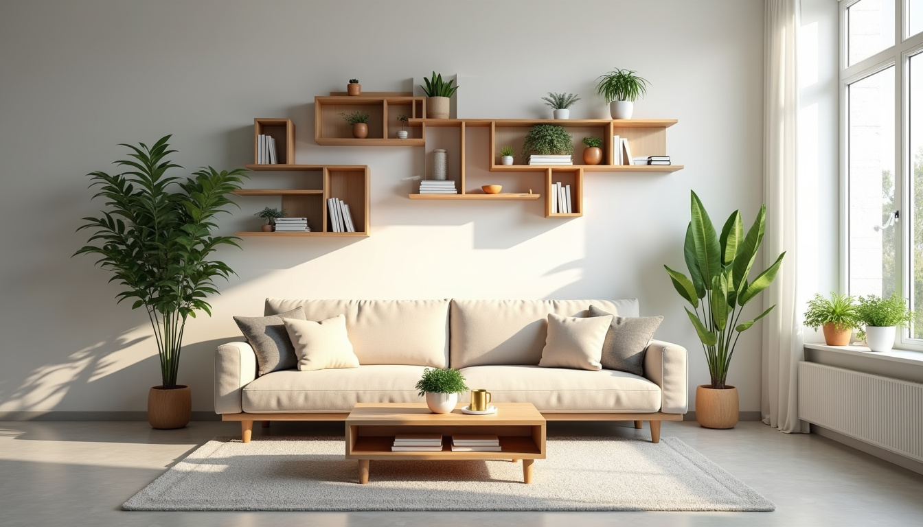 Disposition d’un salon ouvert avec canapé, table basse et étagères modulables