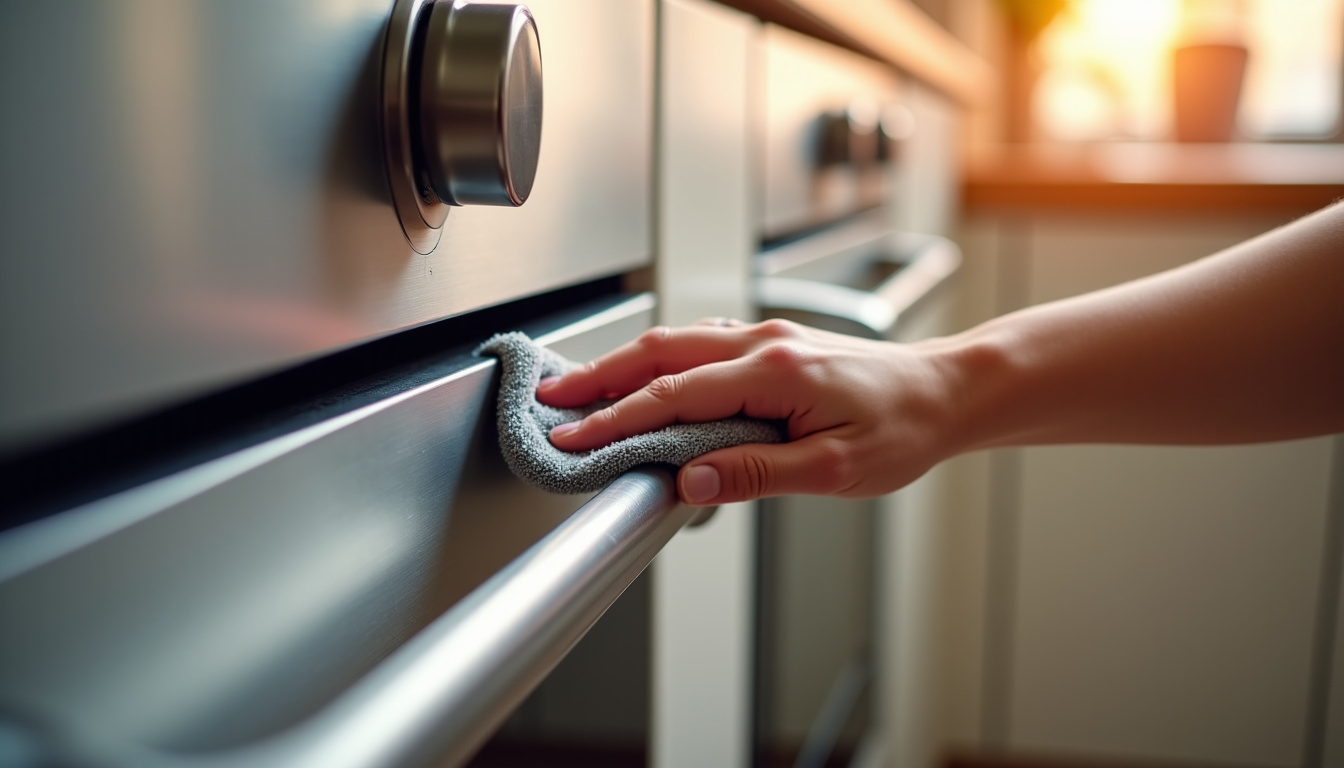 Main nettoyant la glissière d’un four à porte escamotable