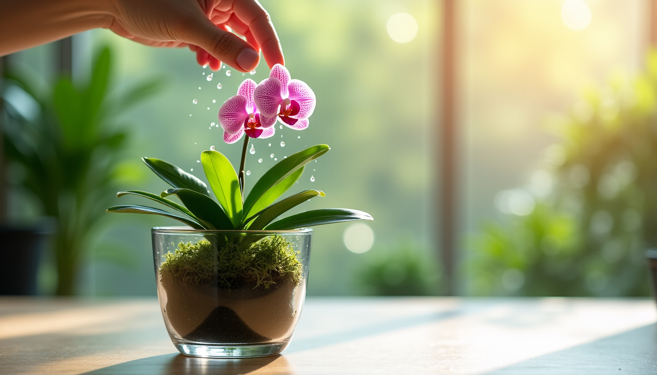 Main vaporisant de l’eau douce sur les feuilles et racines aériennes d’une orchidée