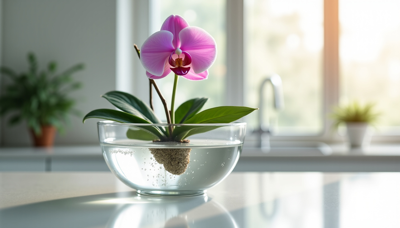 Orchidée en pot plastique immergée dans un baquet d’eau pour un arrosage complet