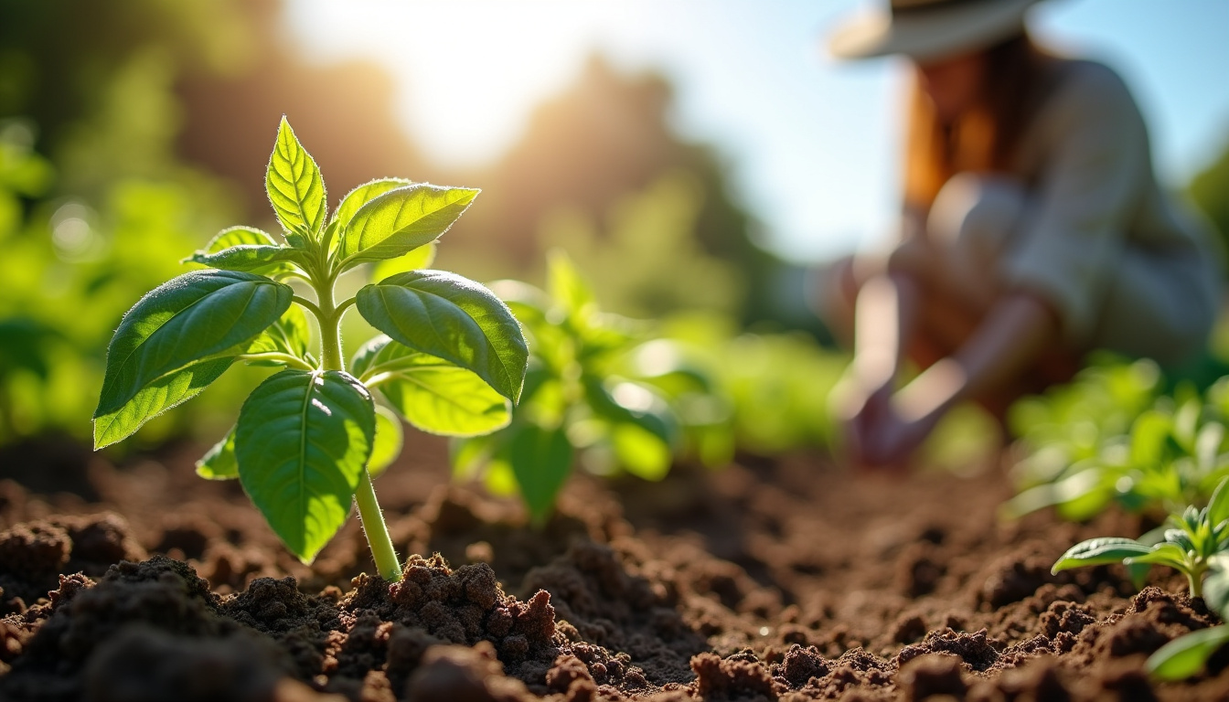 Plant de basilic en pleine terre, avec un jardinier en arrière-plan vérifiant l