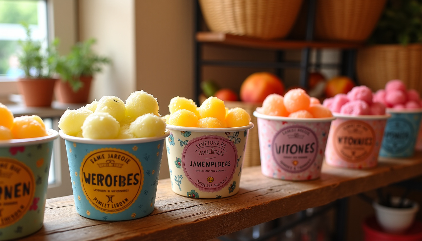 Présentation des pots de glace et sorbets Maison de la Glace en magasin