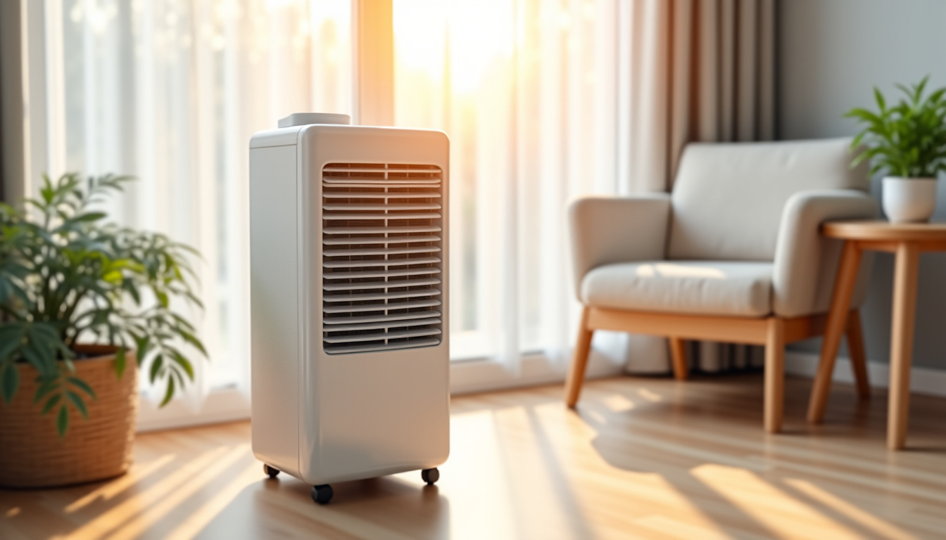 Rafraîchisseur d’air utilisé dans un salon lumineux avec fenêtre entrouverte