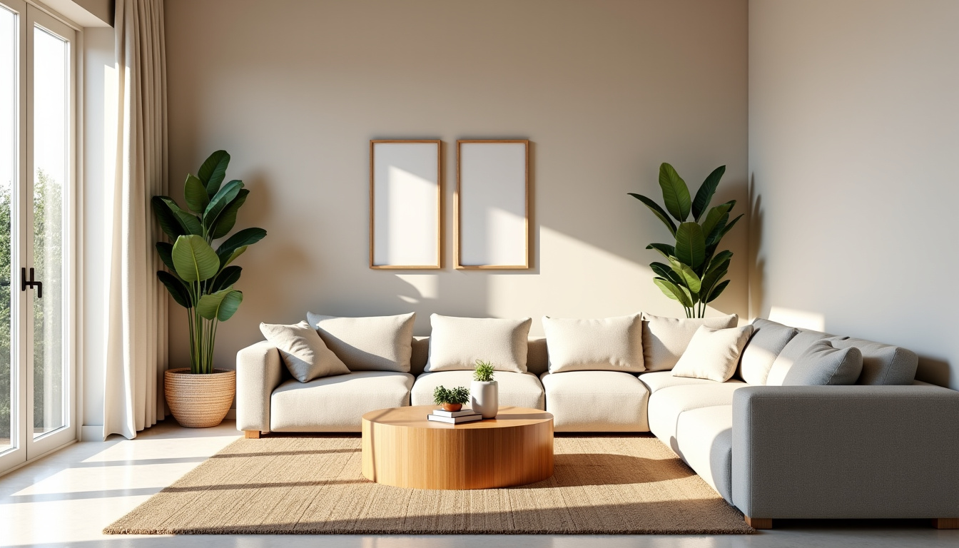 Salon aux tons neutres avec des murs en beige, gris et blanc cassé et des éléments décoratifs en bois clair